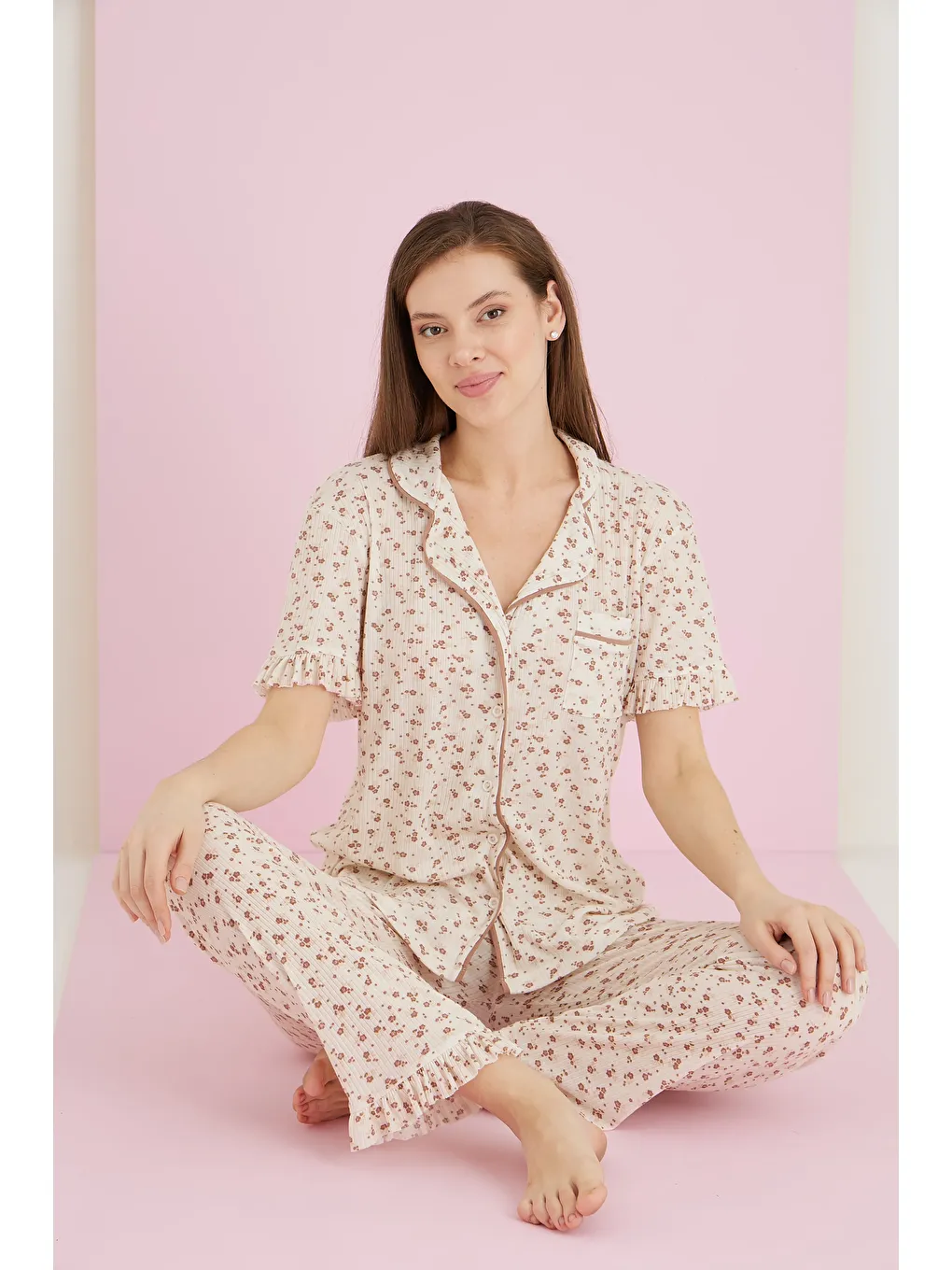 Kahverengi Viskon Düğmeli Pijama Takım 7072-4