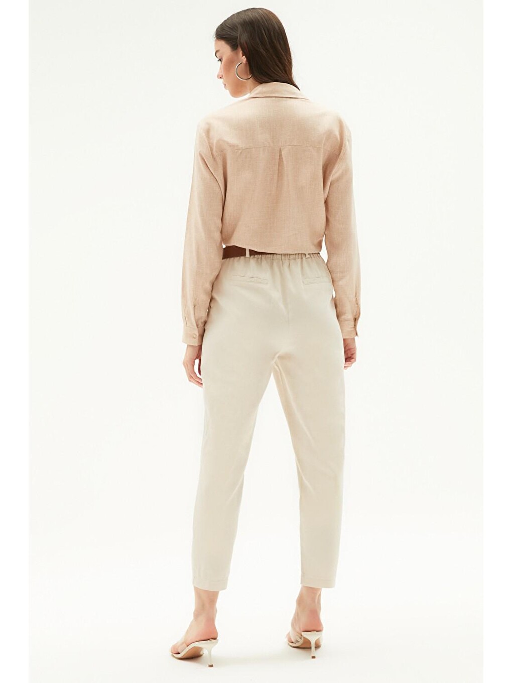 Bej Kadın Viskoz Karışımlı Kemerli Gabardin Pantolon-4