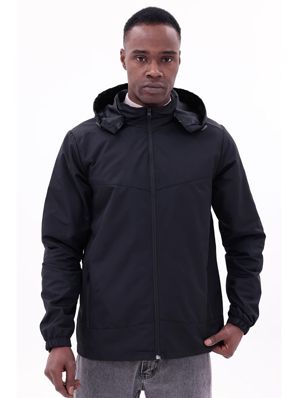 Siyah Erkek Çıkarılabilir Kapüşonlu Yağmurluk-3