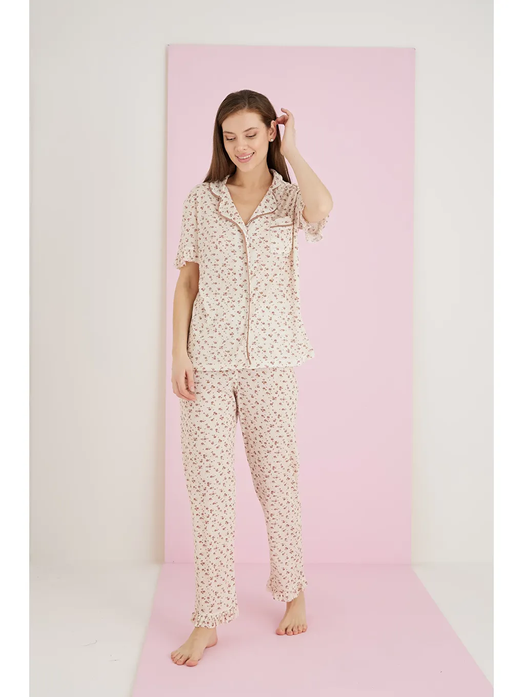 Kahverengi Viskon Düğmeli Pijama Takım 7072-4-1