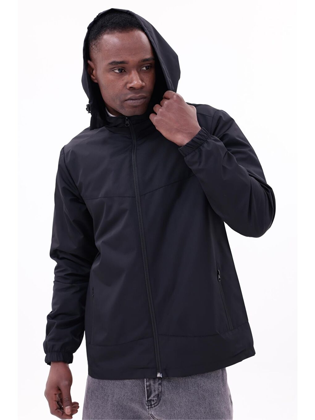 Siyah Erkek Çıkarılabilir Kapüşonlu Yağmurluk-4