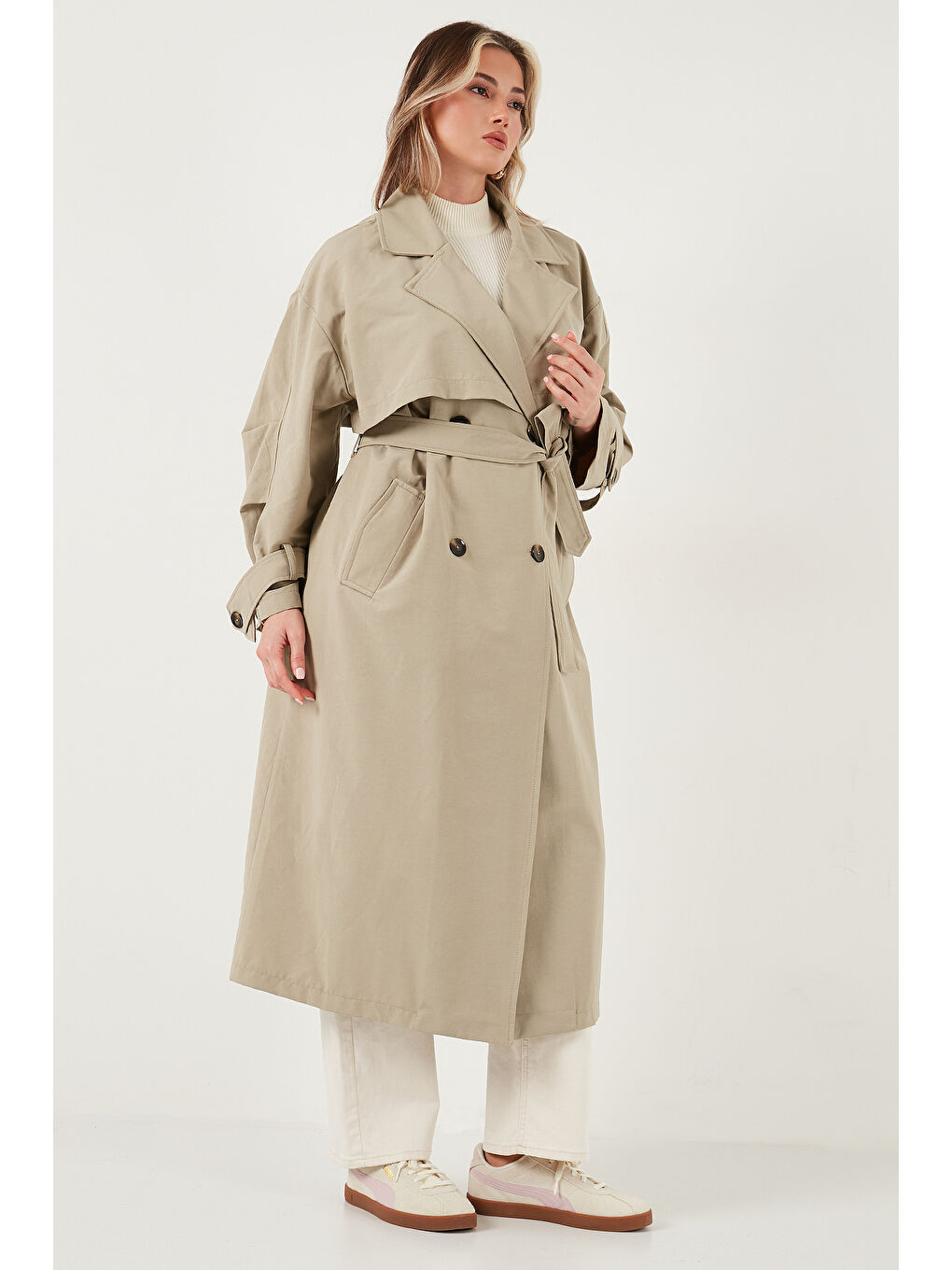 Yeşil Pamuklu Oversize Kruvaze Yaka Düğmeli Uzun Trençkot 6839605-3