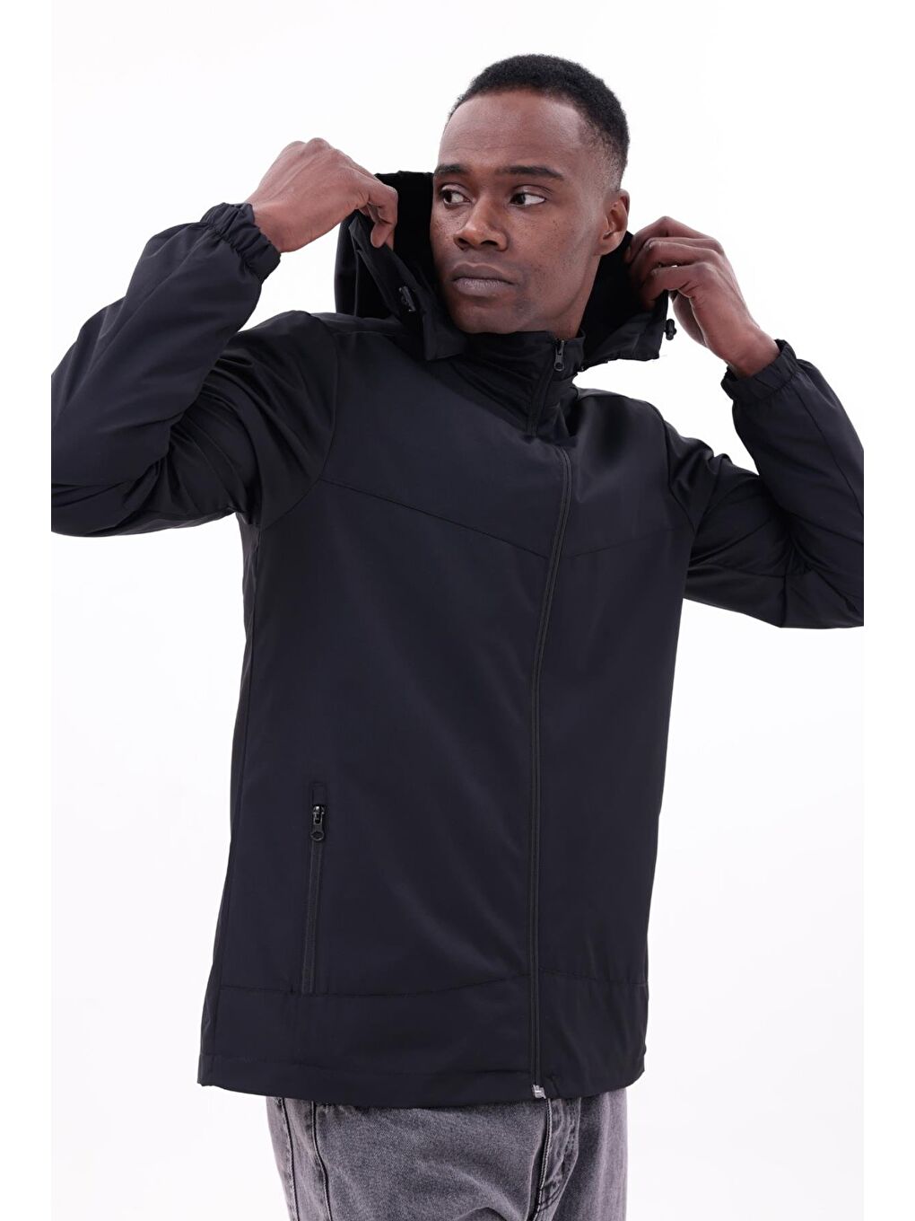 Siyah Erkek Çıkarılabilir Kapüşonlu Yağmurluk-5