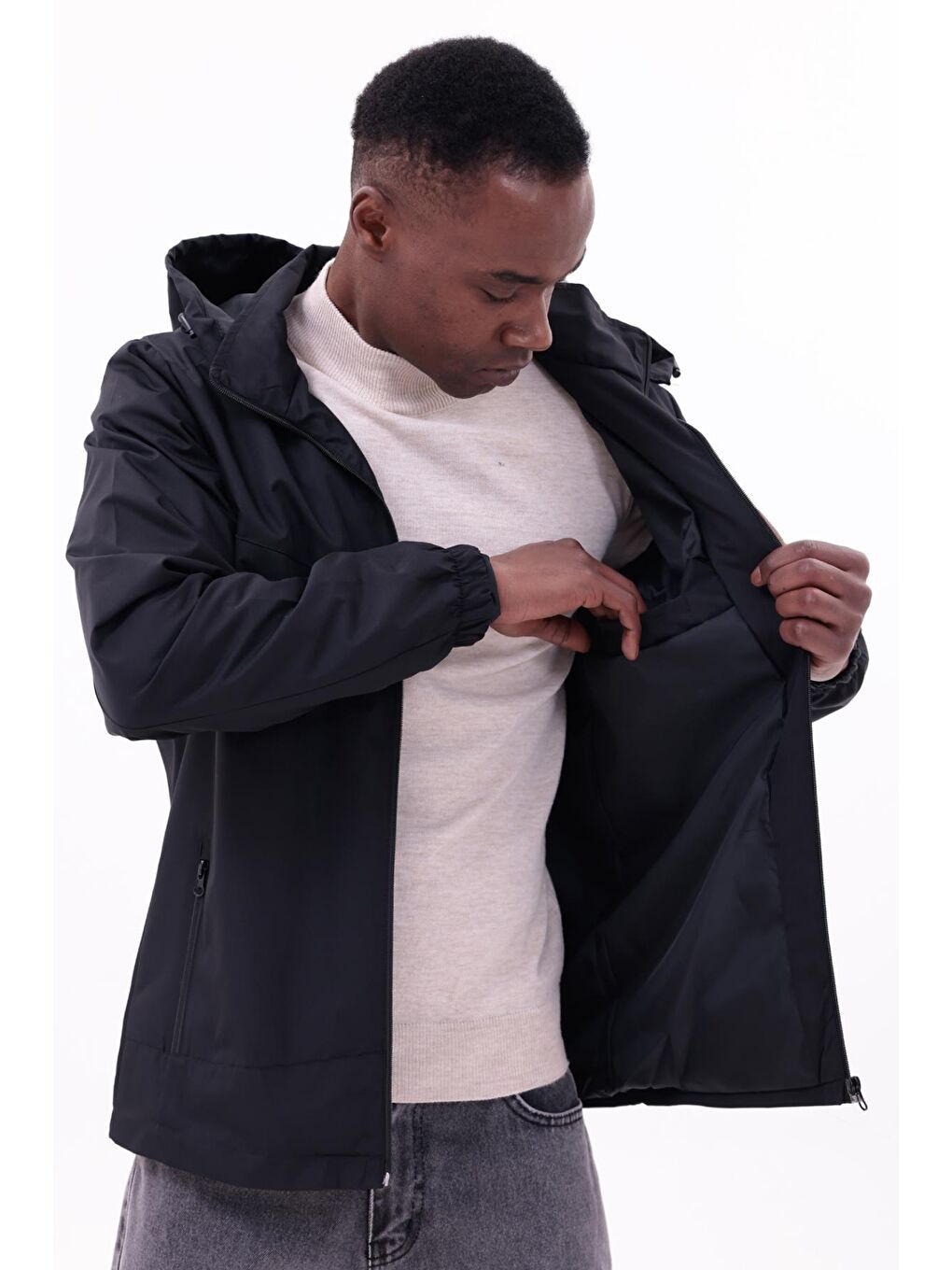 Siyah Erkek Çıkarılabilir Kapüşonlu Yağmurluk-6