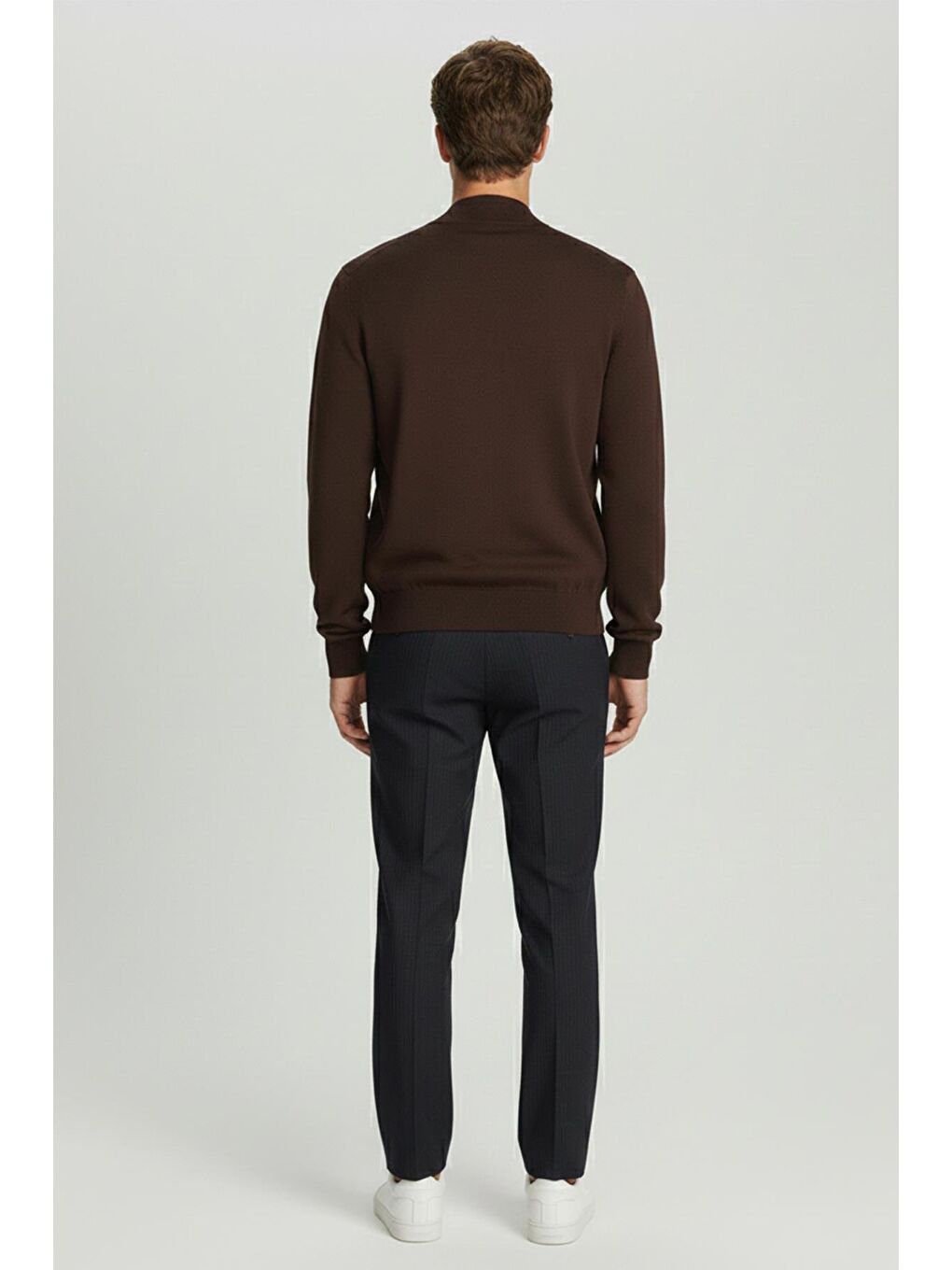 Kahverengi Kahve Regular Fit Yün Karışımlı Pilot (Dik) Yaka Fermuarlı Erkek Triko Mont-3