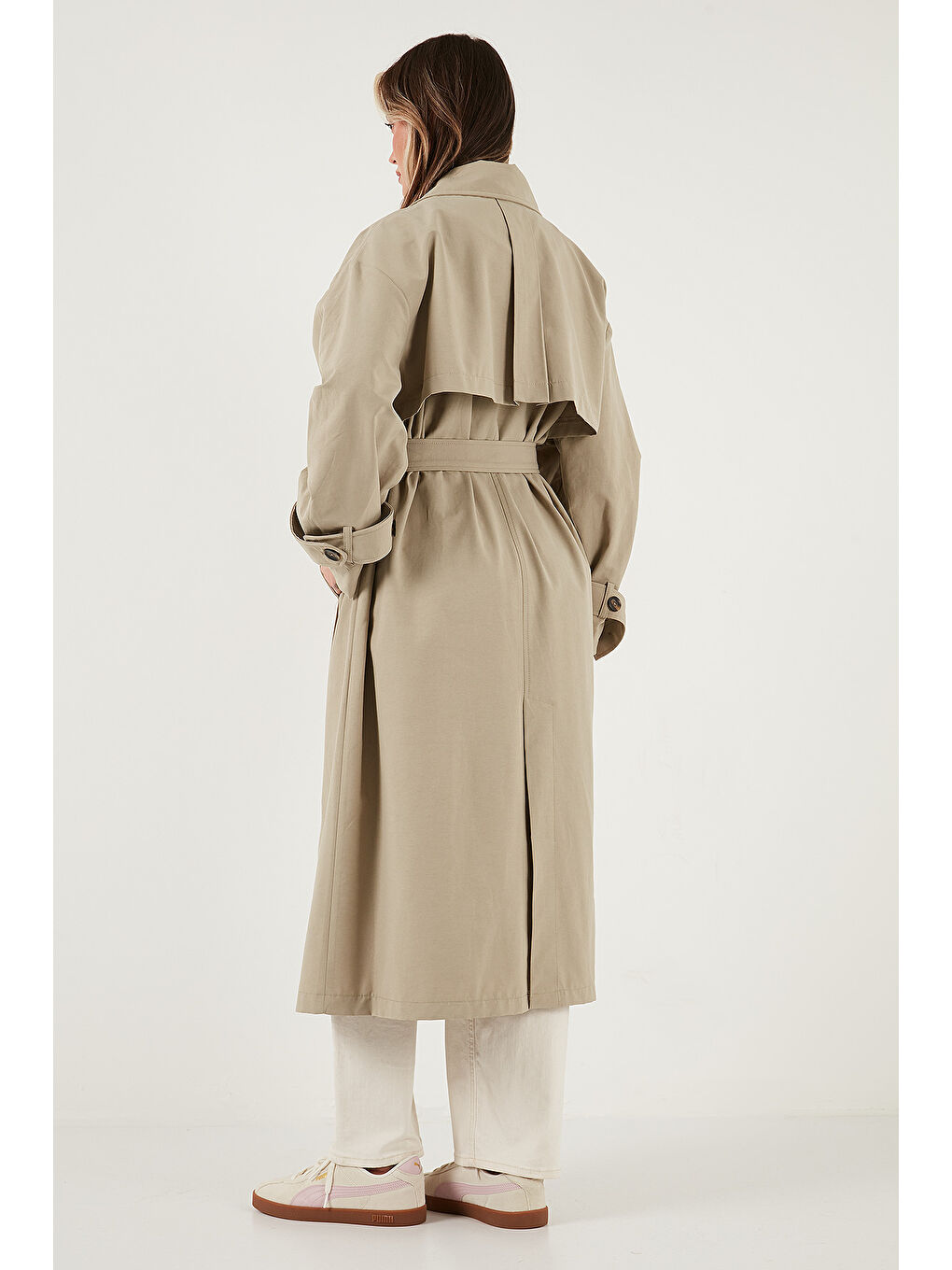 Yeşil Pamuklu Oversize Kruvaze Yaka Düğmeli Uzun Trençkot 6839605-4