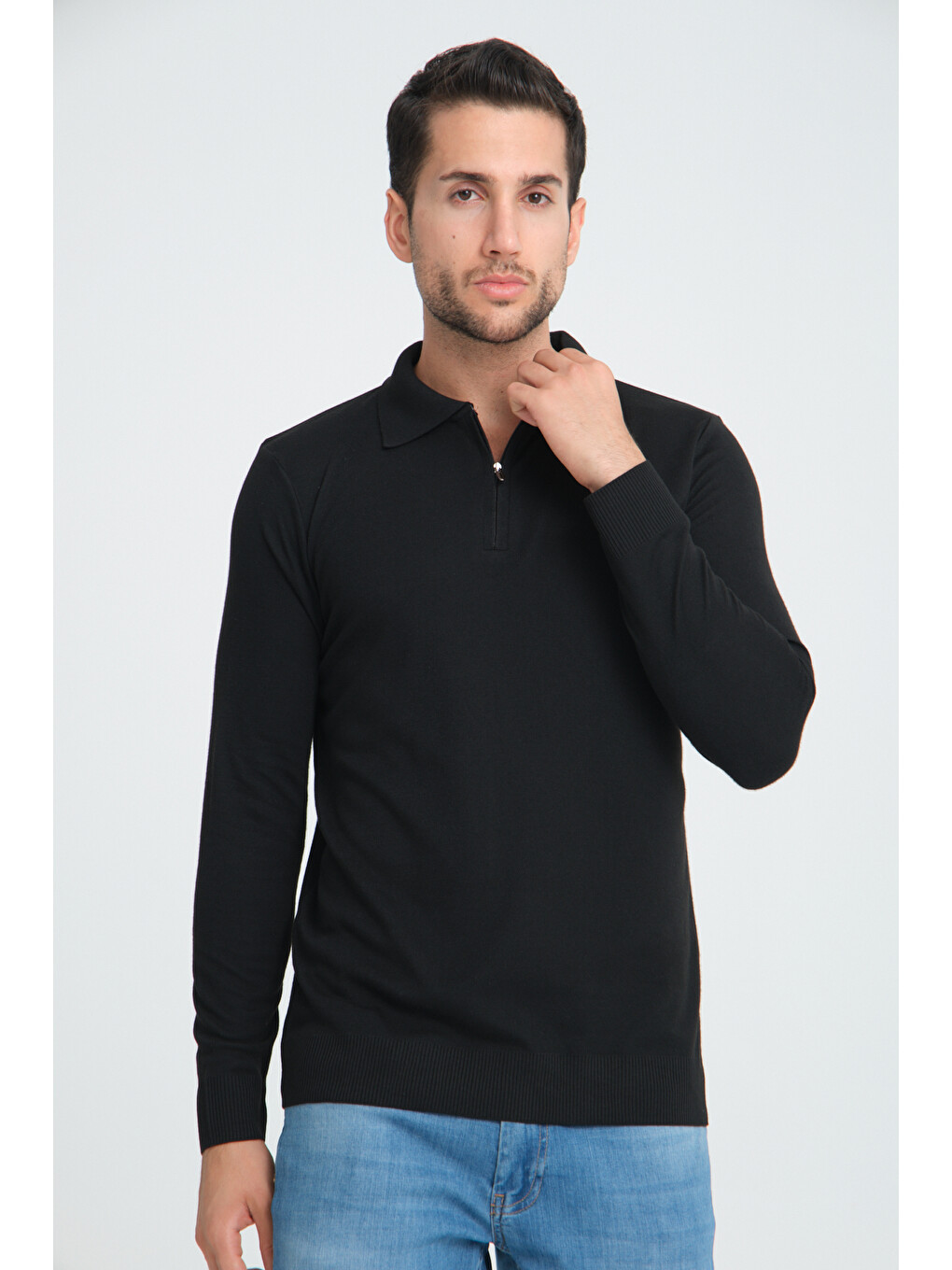 Erkek Triko Yarım Fermuarlı Siyah Polo Yaka T-shirt
