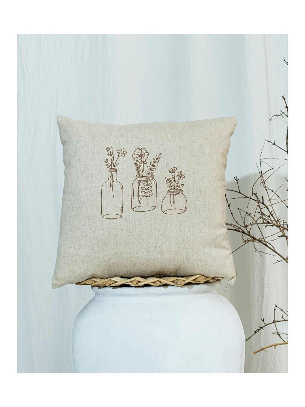 Bej Bohem Tarzı Keten Pamuklu Desenli Dijital Baskılı 45x45 Kırlent Kılıfı