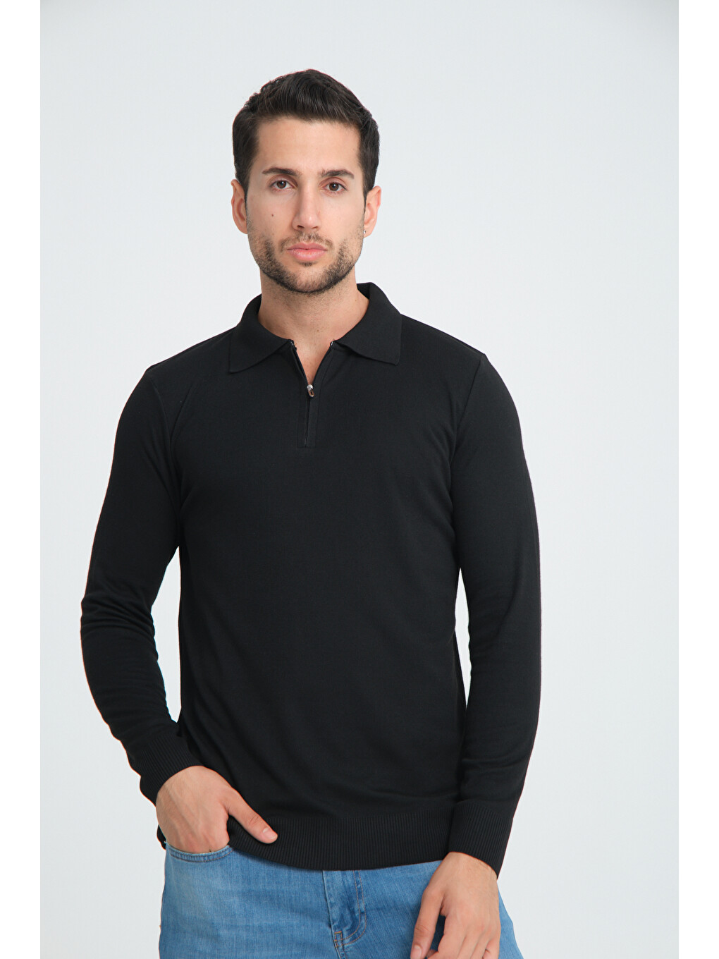 Erkek Triko Yarım Fermuarlı Siyah Polo Yaka T-shirt-1