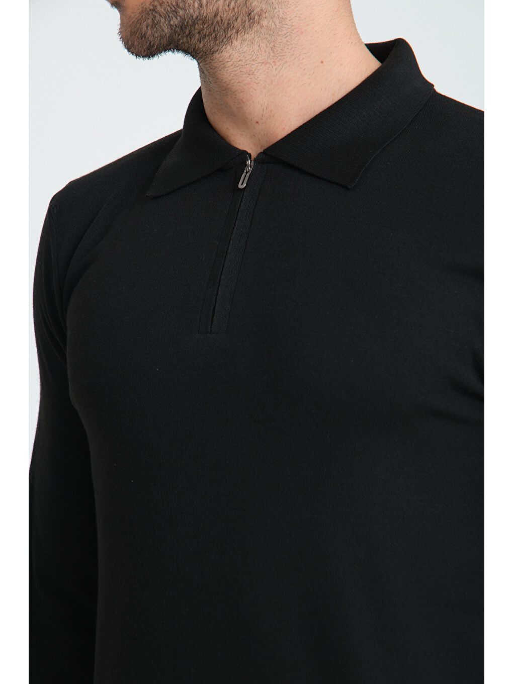 Erkek Triko Yarım Fermuarlı Siyah Polo Yaka T-shirt-2