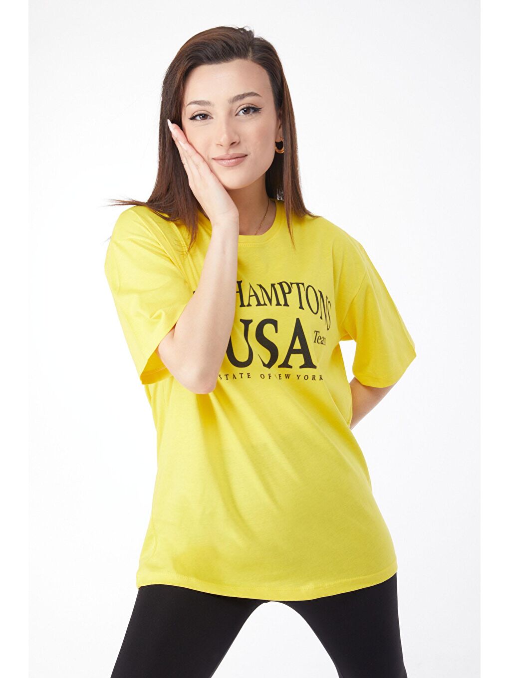 TOFİSA Sarı Düz Bisiklet Yaka Kadın Sarı Kısa Kollu Baskılı T-shirt - 24648