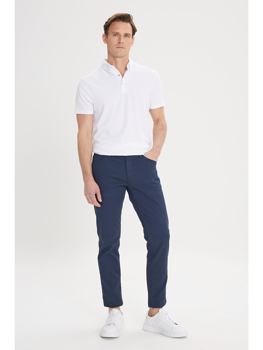 Erkek Lacivert Slim Fit Dar Kesim 5 Cep Armürlü Esnek Pantolon-1