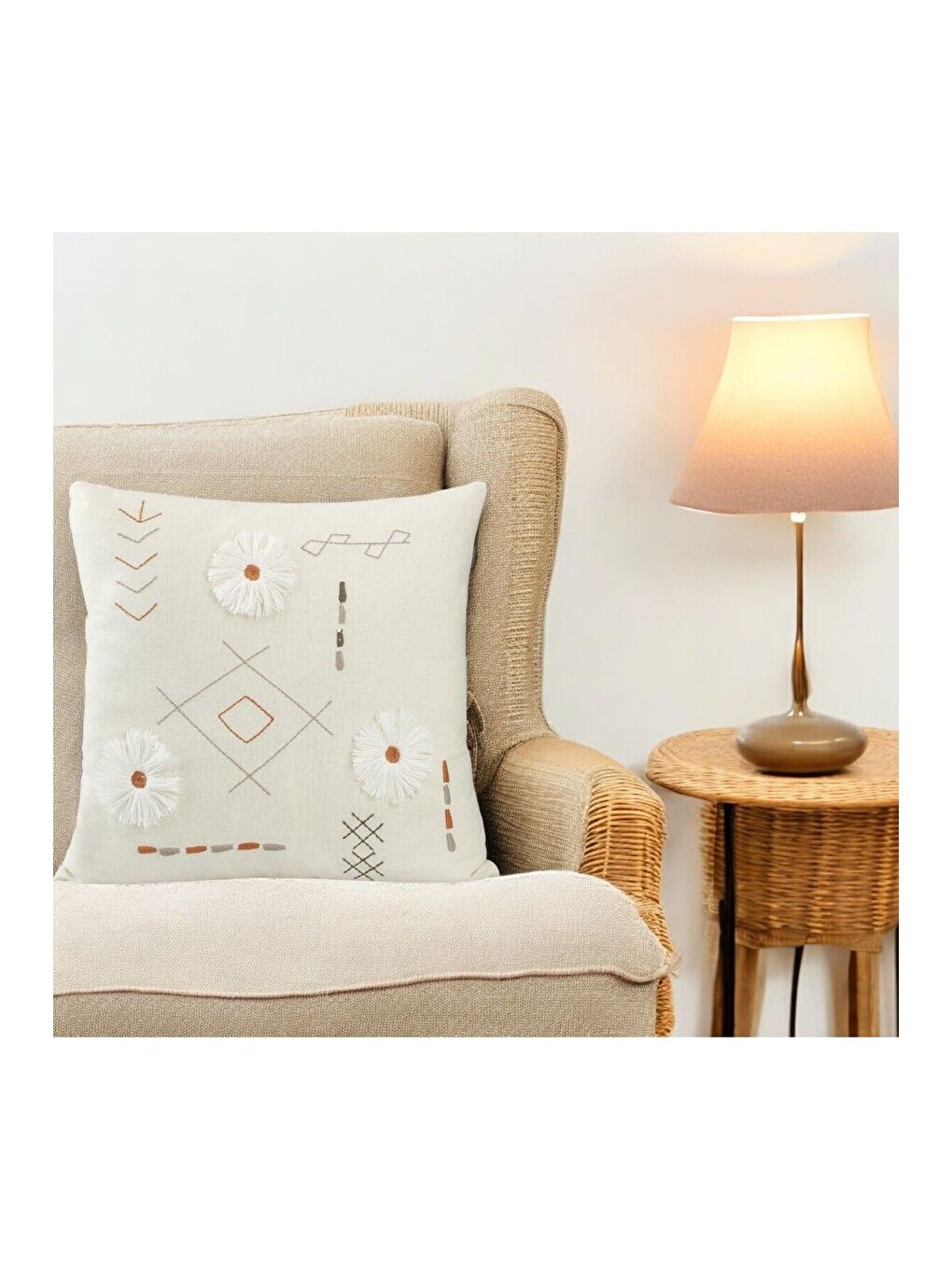 Gri Bohem Tarzı Pamuklu Nakışlı 45x45 Kırlent Kılıfı-2