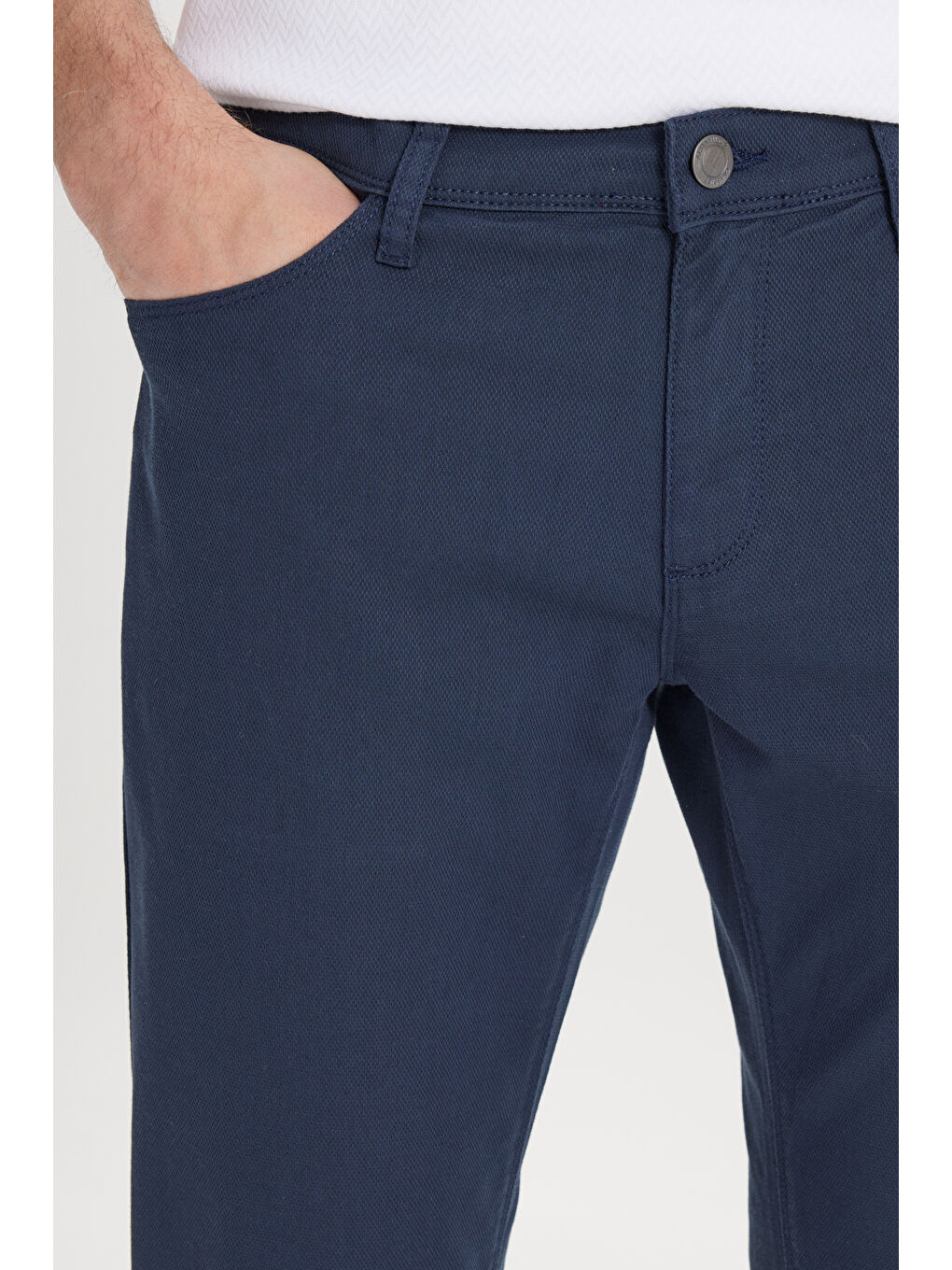 Erkek Lacivert Slim Fit Dar Kesim 5 Cep Armürlü Esnek Pantolon-3