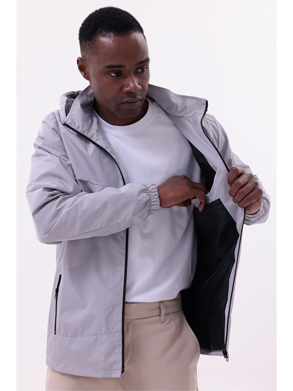 Bej Erkek Çıkarılabilir Kapüşonlu Yağmurluk-6