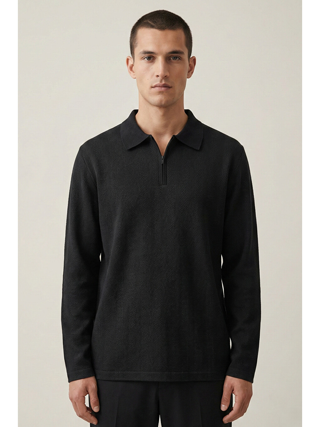 Erkek Triko Slim Fit Siyah Polo Yaka Tişört-1