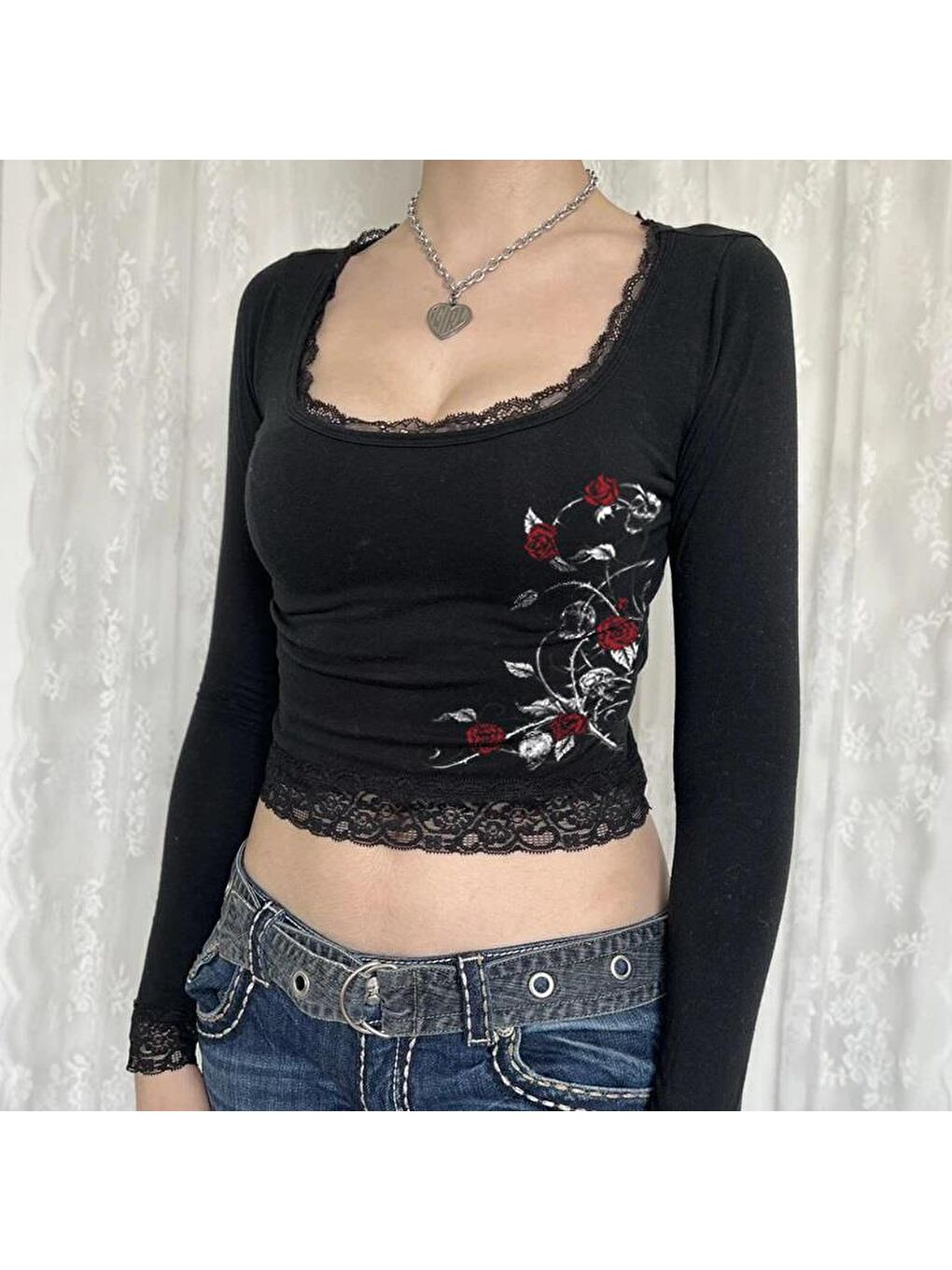 Touz Moda Siyah Roses & Skull Baskılı Dantel Lace Siyah Uzun Kol Bluz