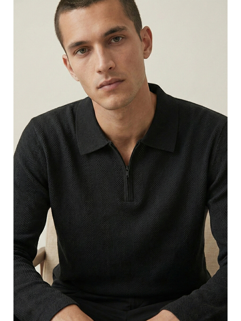 Erkek Triko Slim Fit Siyah Polo Yaka Tişört-2