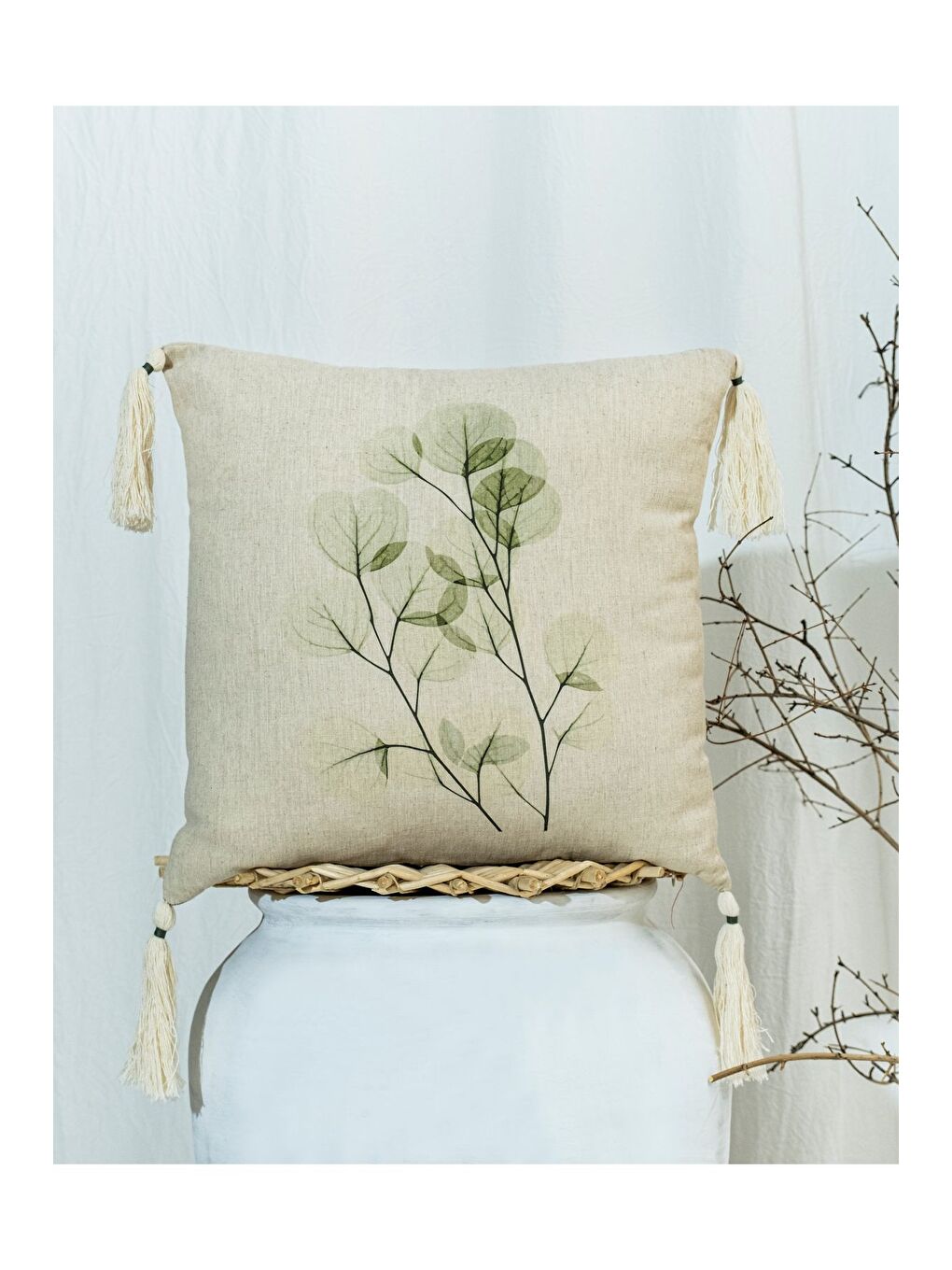 Yeşil Bohem Tarzı Keten Pamuklu Dijital Baskı Desenli Püsüllü 45x45 Kırlent Kılıfı-1