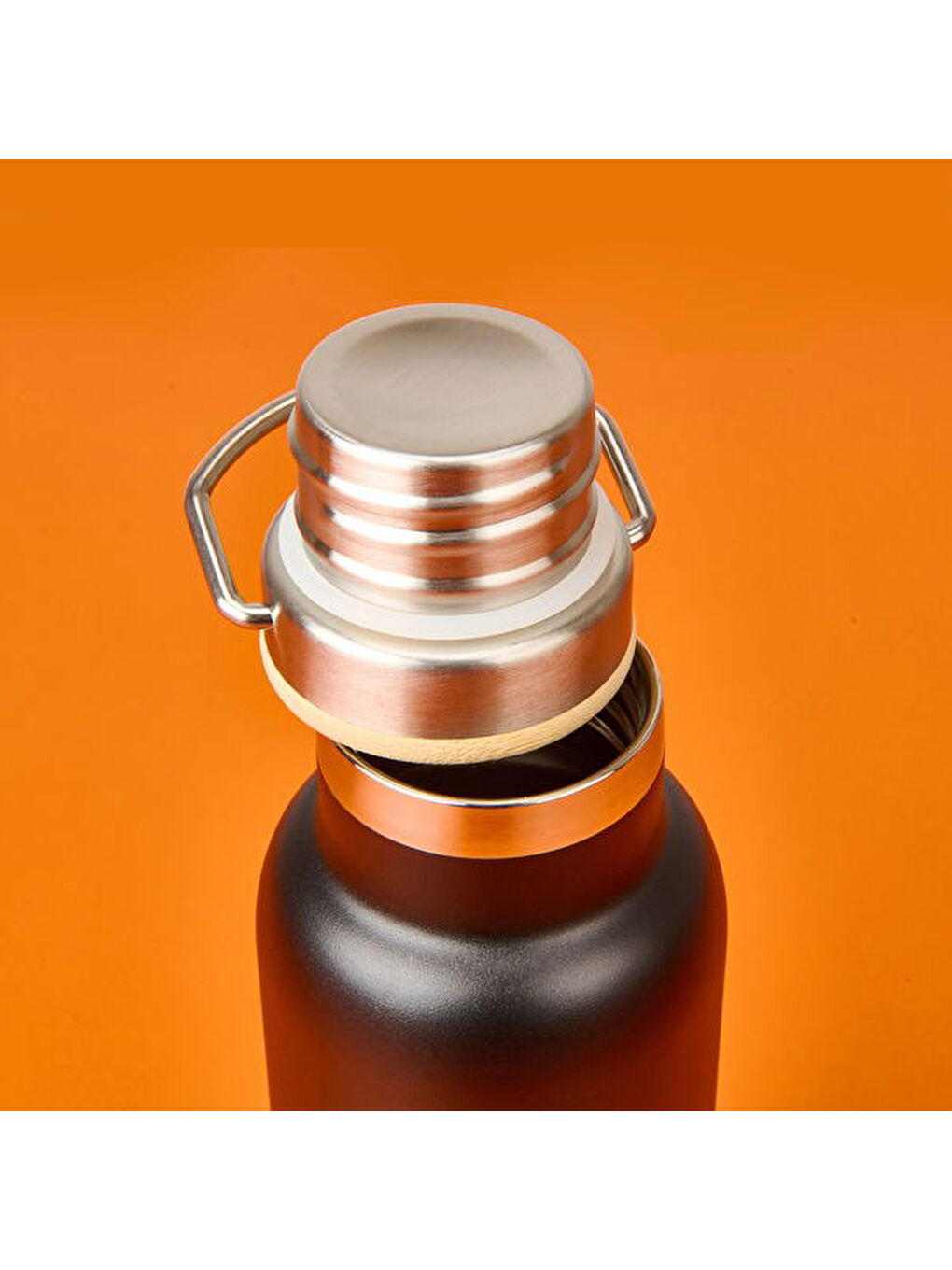 Beyaz Bambu Kapaklı Çelik Termos - Siyah / Açık Kahverengi - 500 ml-2