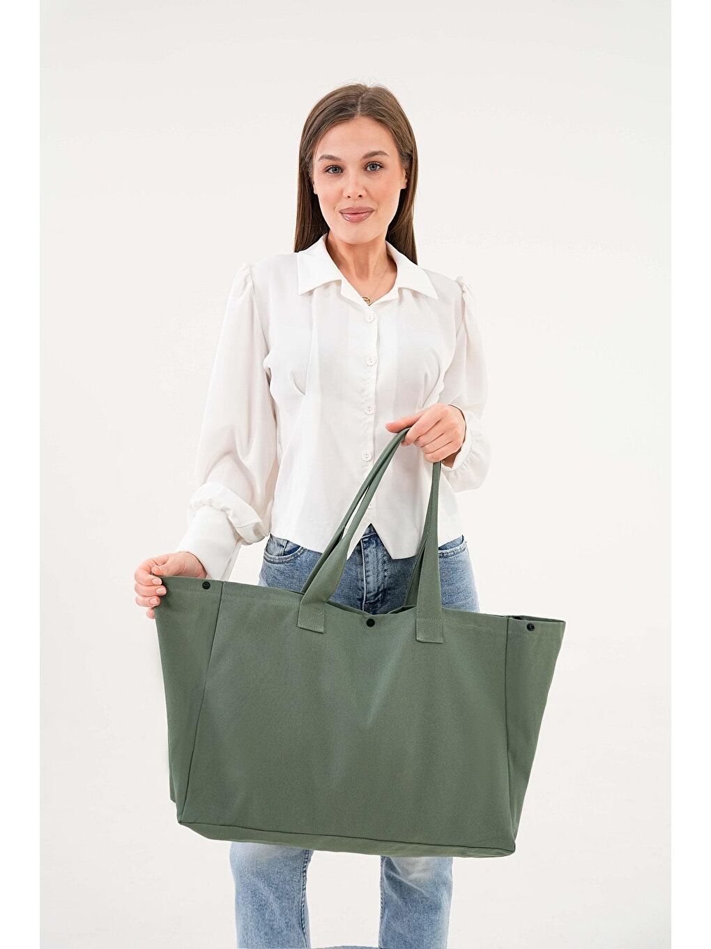 Bagg Çıtlı Yeşil Büyük Boy Kanvas Çanta - 7