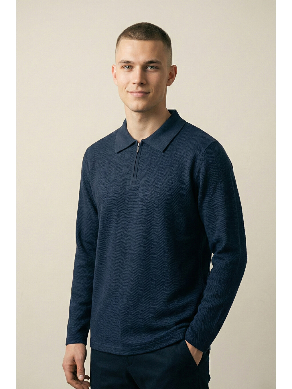 Erkek Triko Slim Fit Lacivert Polo Yaka Tişört-1