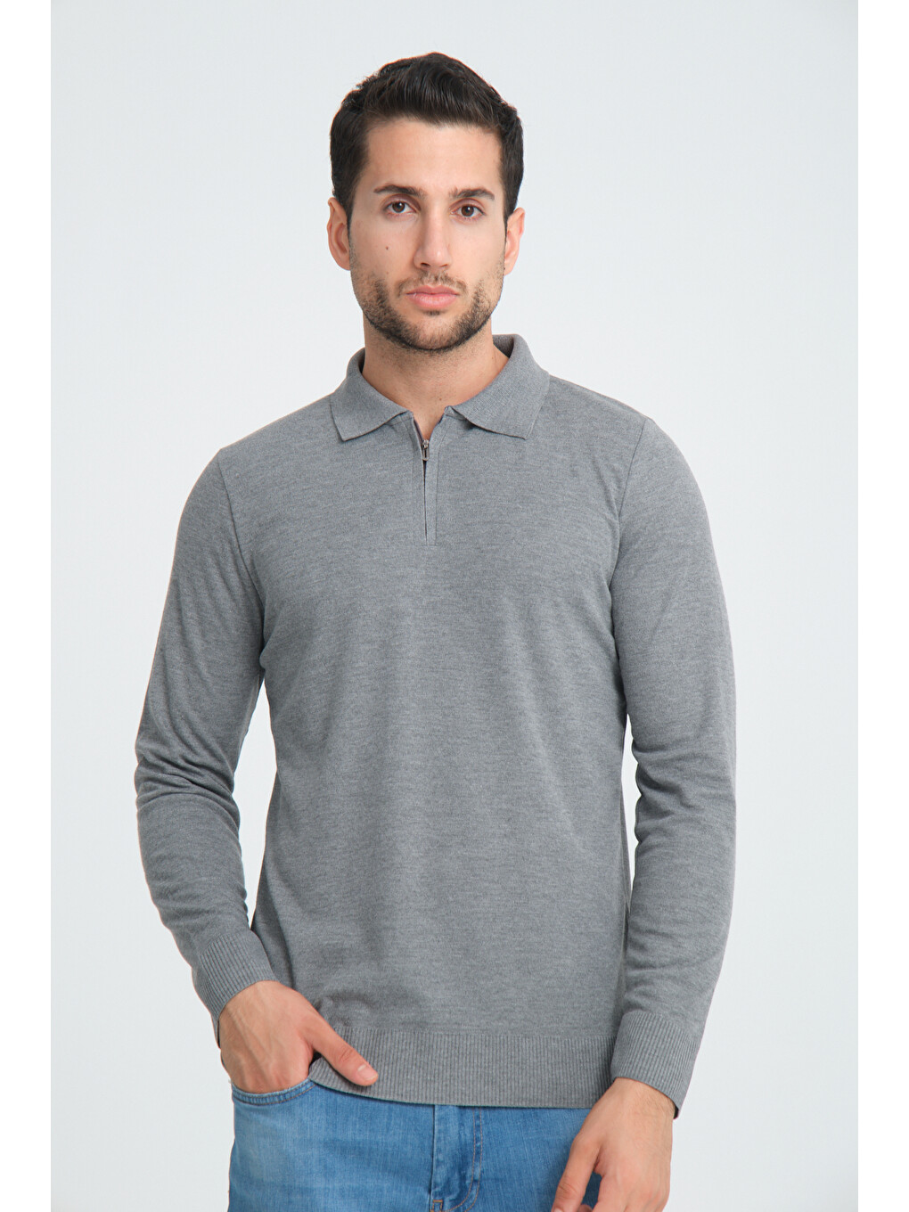 Erkek Triko Yarım Fermuarlı Gri Polo Yaka T-shirt