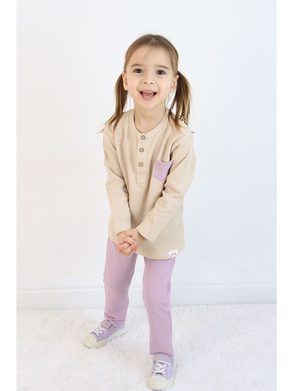 Lila Bisiklet Yaka Uzun Kollu Kız Bebek 2'li Takım-1