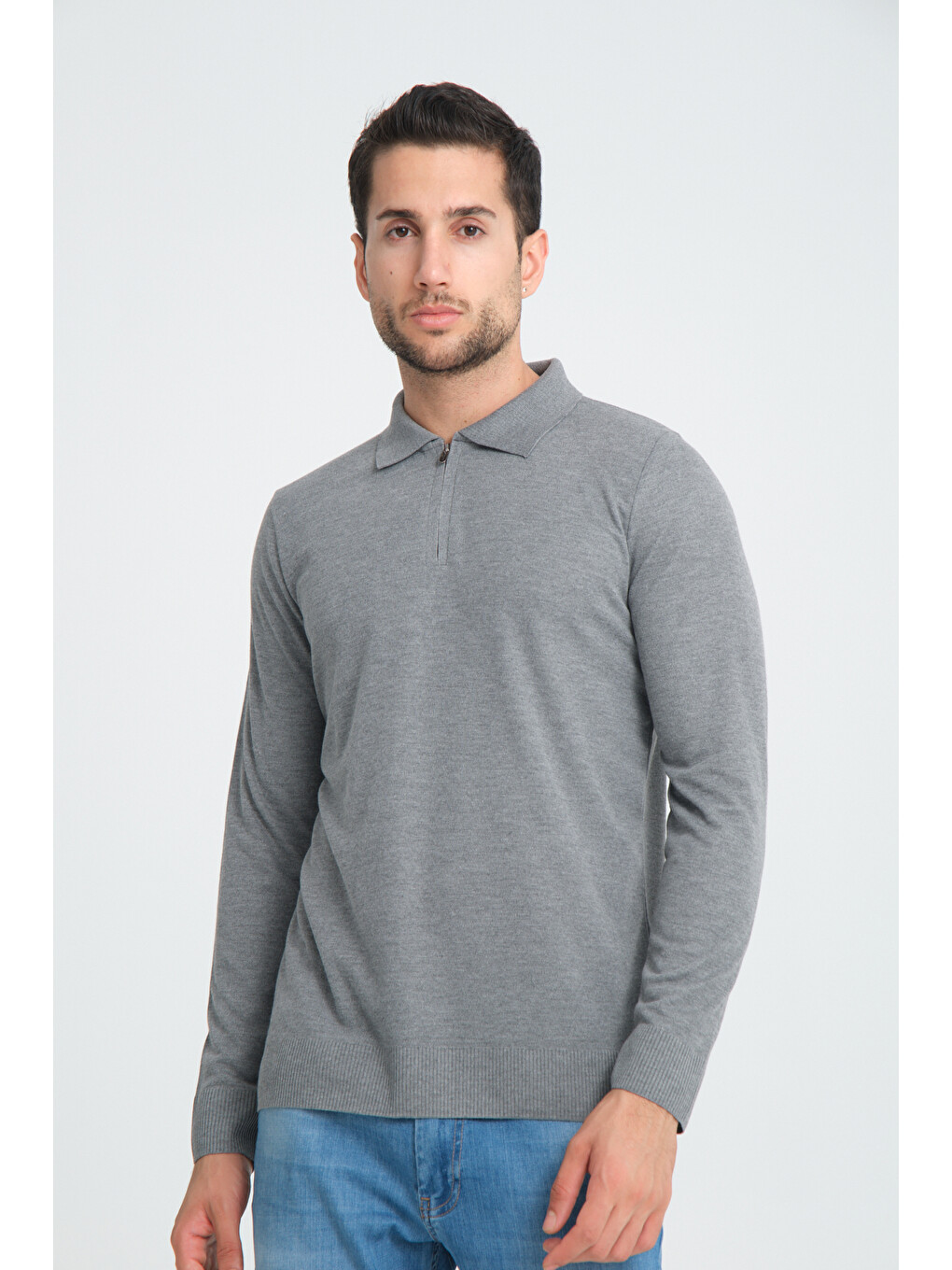 Erkek Triko Yarım Fermuarlı Gri Polo Yaka T-shirt-2