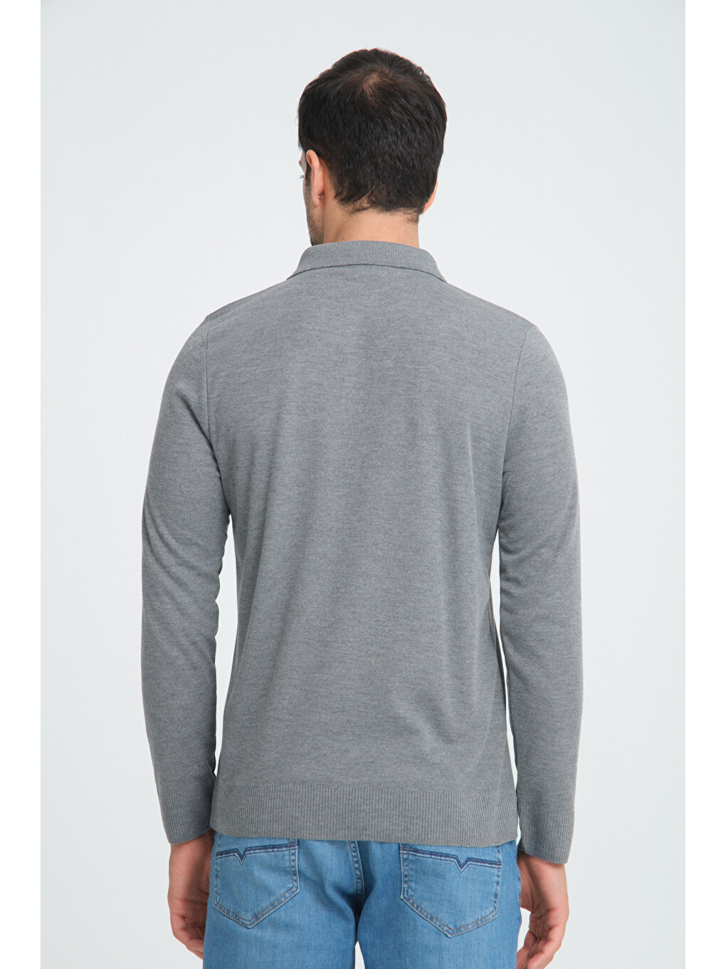 Erkek Triko Yarım Fermuarlı Gri Polo Yaka T-shirt-3
