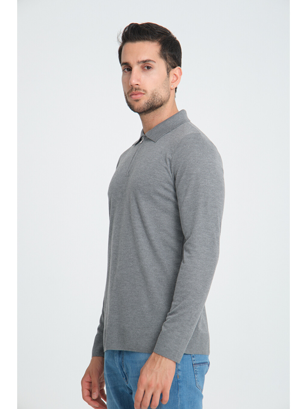 Erkek Triko Yarım Fermuarlı Gri Polo Yaka T-shirt-4