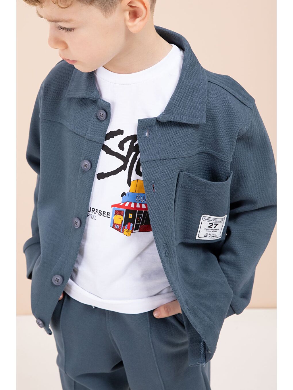 Mavi Arma Detaylı Gömlekli Duble Paça Pantolonlu Erkek Çocuk 3lü Takım 23620-1