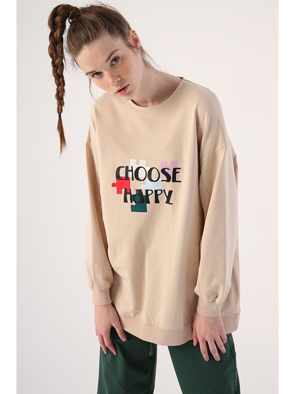 Bej Oversize Bisiklet Yaka Baskılı Sweatshirt