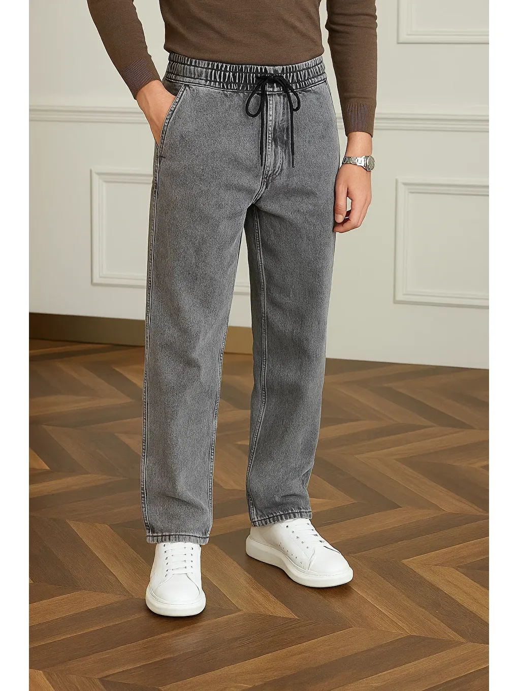 Erkek Trend Günlük Bol Paça Baggy Gri Pantolon