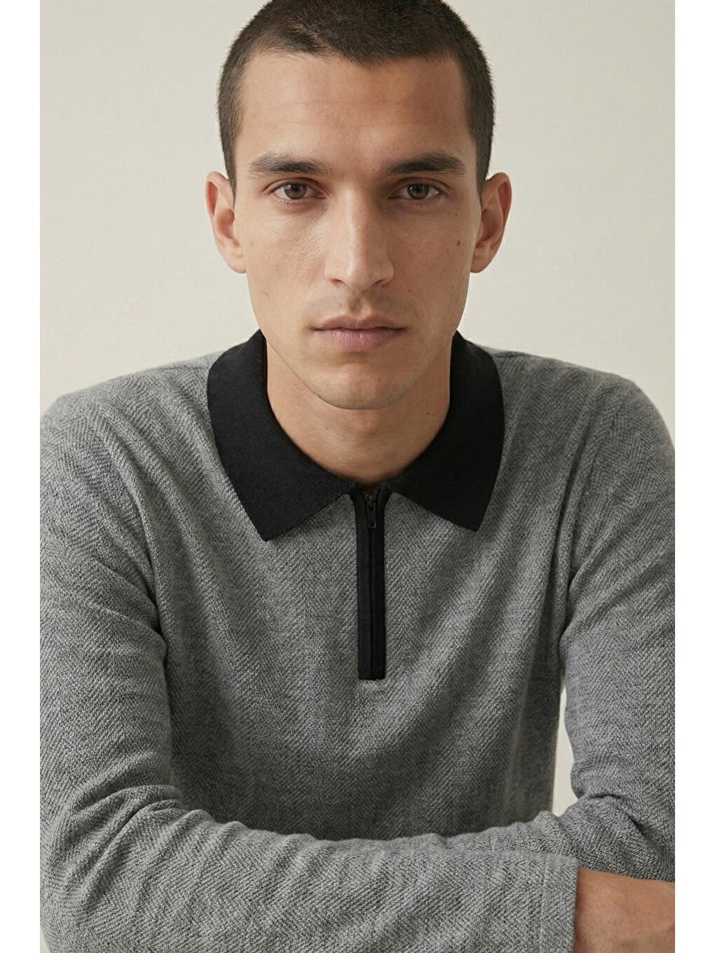 Gri Erkek Triko Slim Zip Füme Polo Yaka Tişört-1