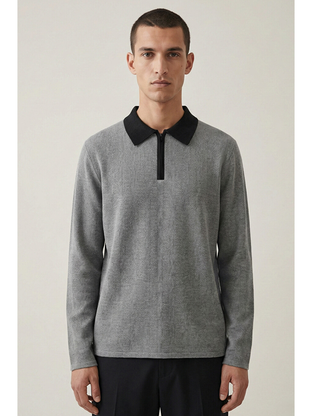 Gri Erkek Triko Slim Zip Füme Polo Yaka Tişört-2