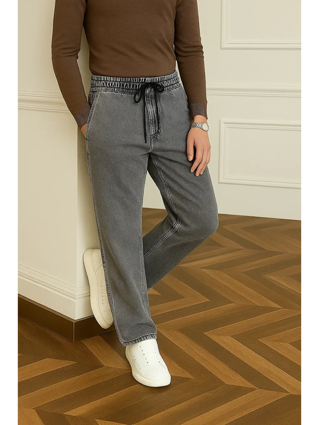 Erkek Trend Günlük Bol Paça Baggy Gri Pantolon-3