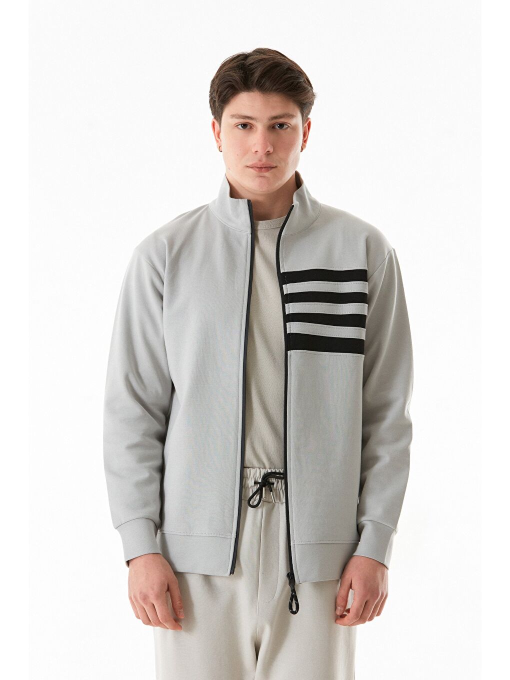 Gri Yanı Şeritli Dik Yaka Fermuarlı Sweatshirt