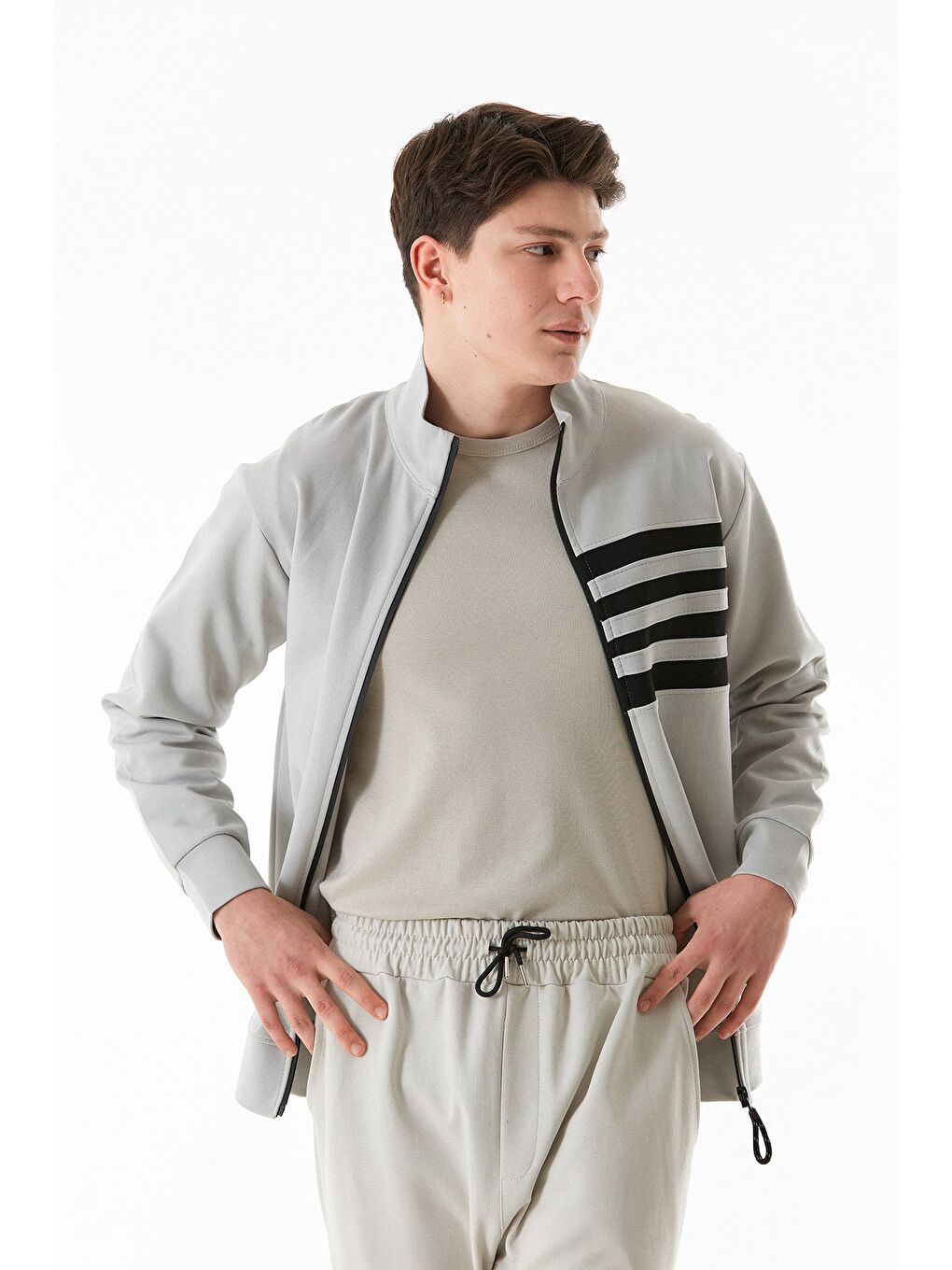 Gri Yanı Şeritli Dik Yaka Fermuarlı Sweatshirt-1
