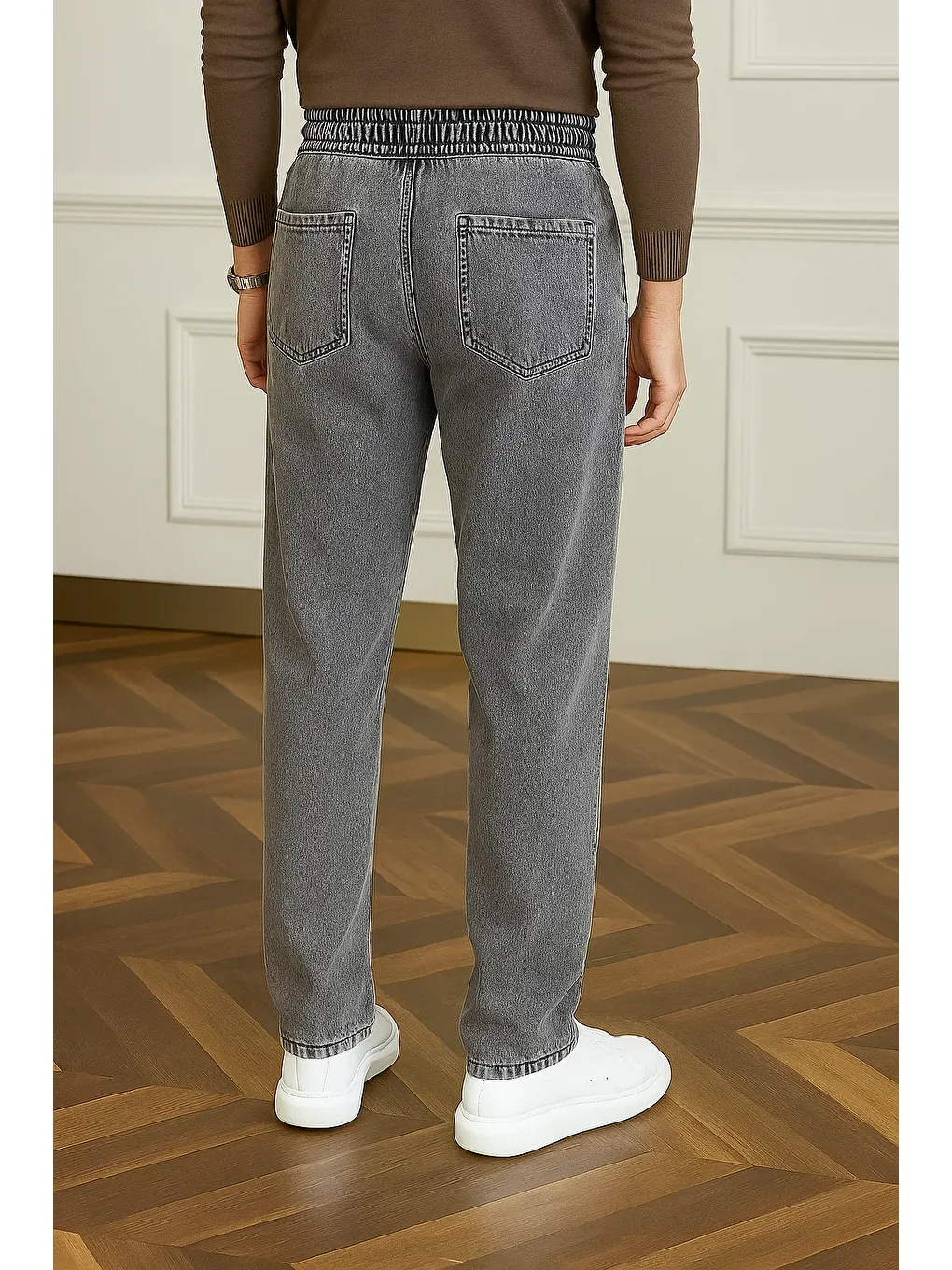 Erkek Trend Günlük Bol Paça Baggy Gri Pantolon-5