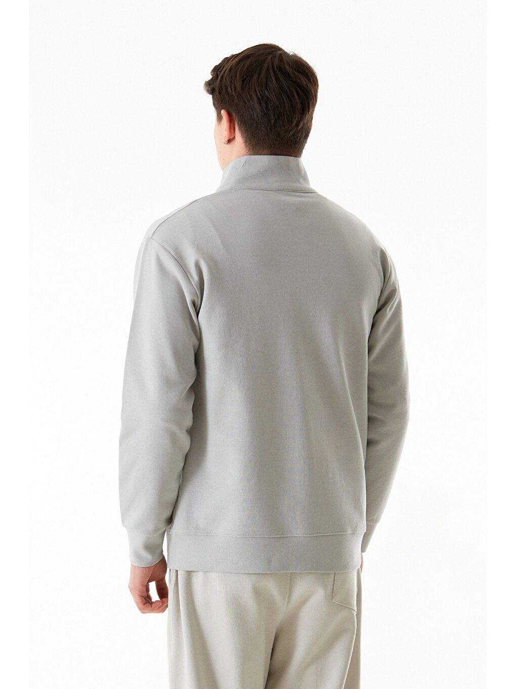 Gri Yanı Şeritli Dik Yaka Fermuarlı Sweatshirt-2
