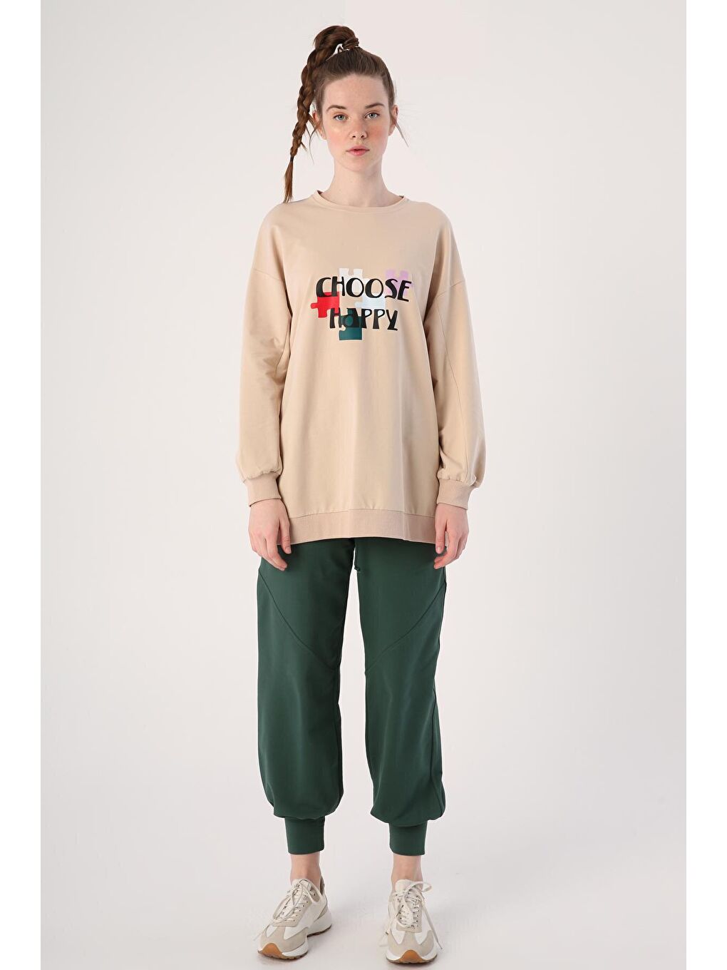 Bej Oversize Bisiklet Yaka Baskılı Sweatshirt-1