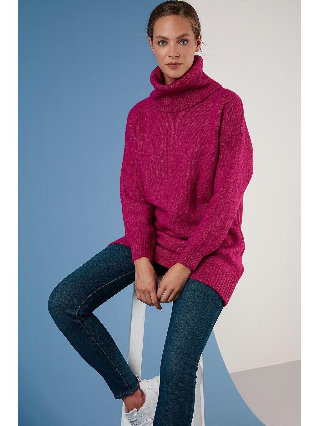 Fuşya Balıkçı Yaka Örme Uzun Kazak 4615018-1