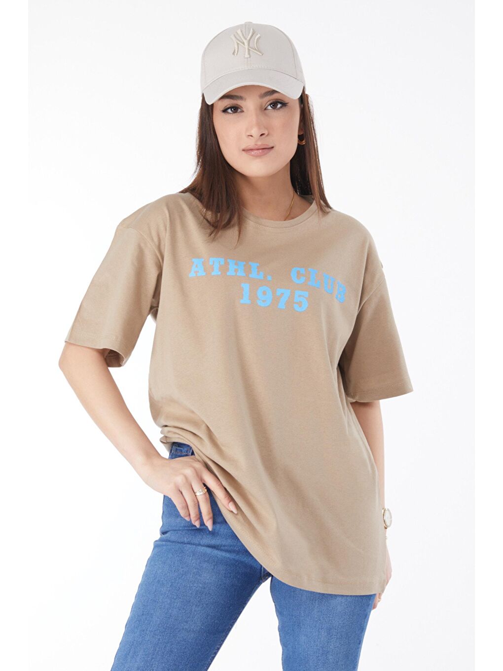 TOFİSA Vizon Düz Bisiklet Yaka Kadın Vizon Kısa Kollu Baskılı T-shirt - 24644