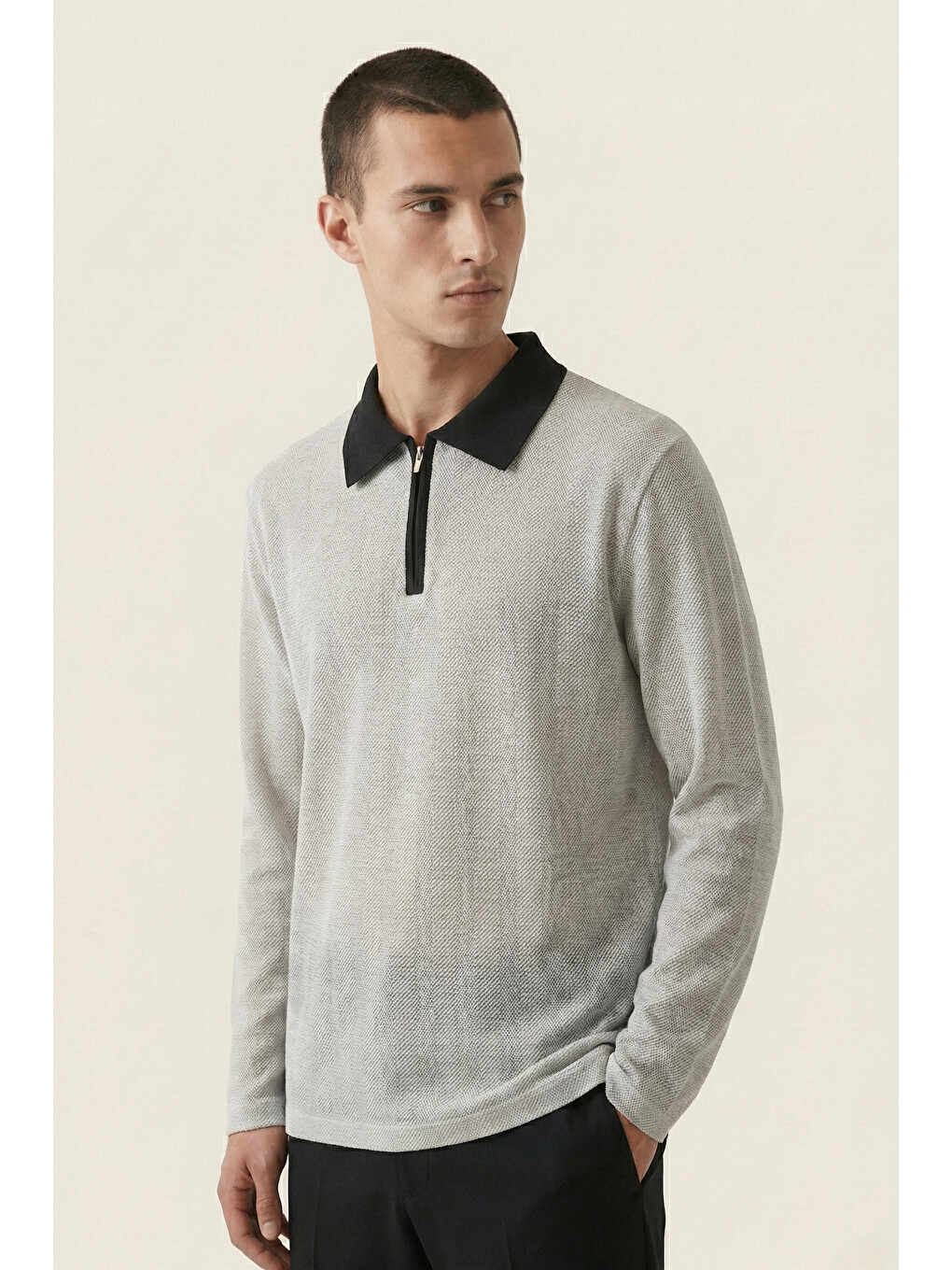 Erkek Triko Slim Fit Ekru Polo Yaka Tişört-1