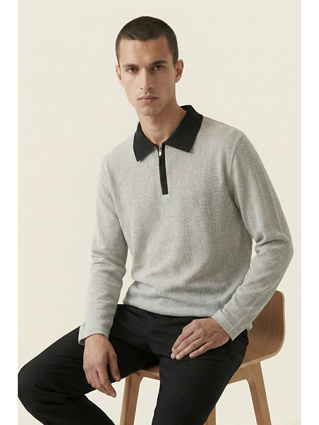Erkek Triko Slim Fit Ekru Polo Yaka Tişört-2