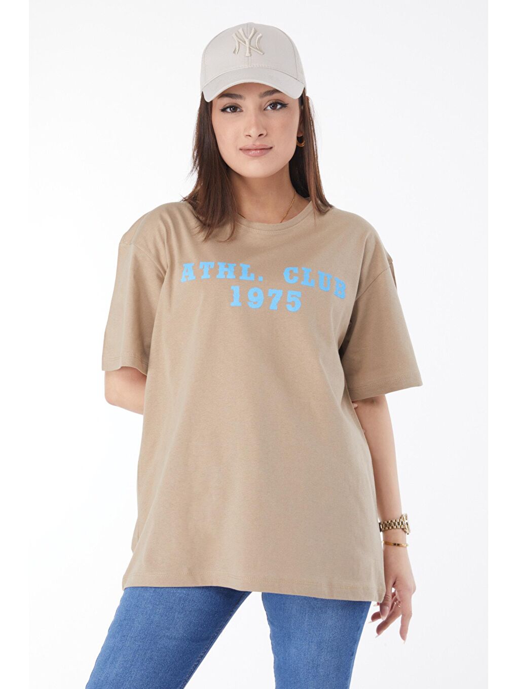 TOFİSA Vizon Düz Bisiklet Yaka Kadın Vizon Kısa Kollu Baskılı T-shirt - 24644 - 2