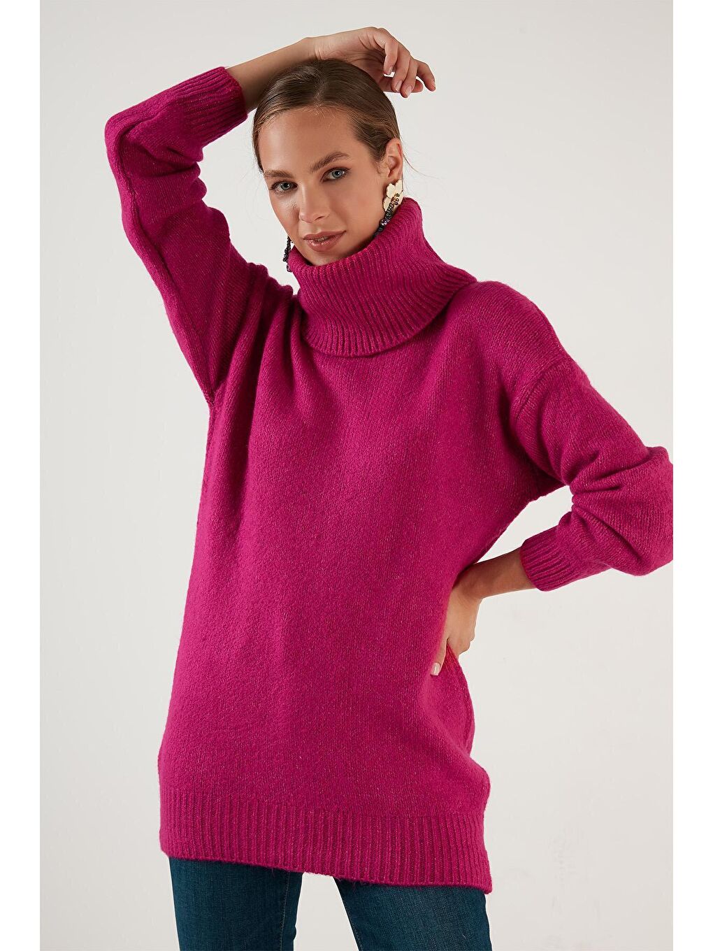 Fuşya Balıkçı Yaka Örme Uzun Kazak 4615018-2