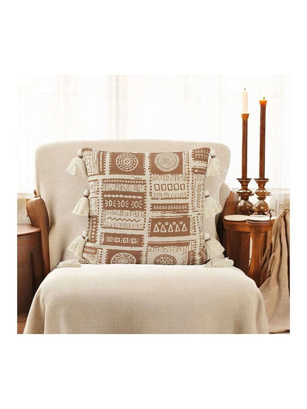 Kahverengi Bohem Tarzı Keten Pamuklu Dijital Baskı Desen Püsüllü 45x45 Kırlent Kılıfı-2