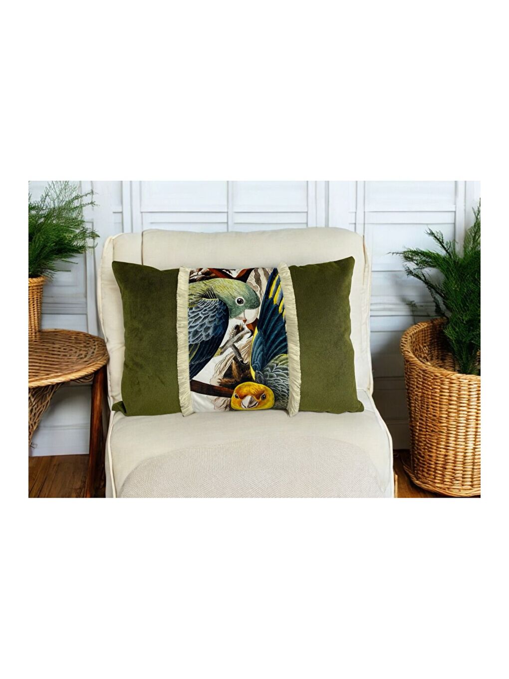 Haki Kuş Desen Saçak Model Dekoratif Kırlent Kılıfı 40x60